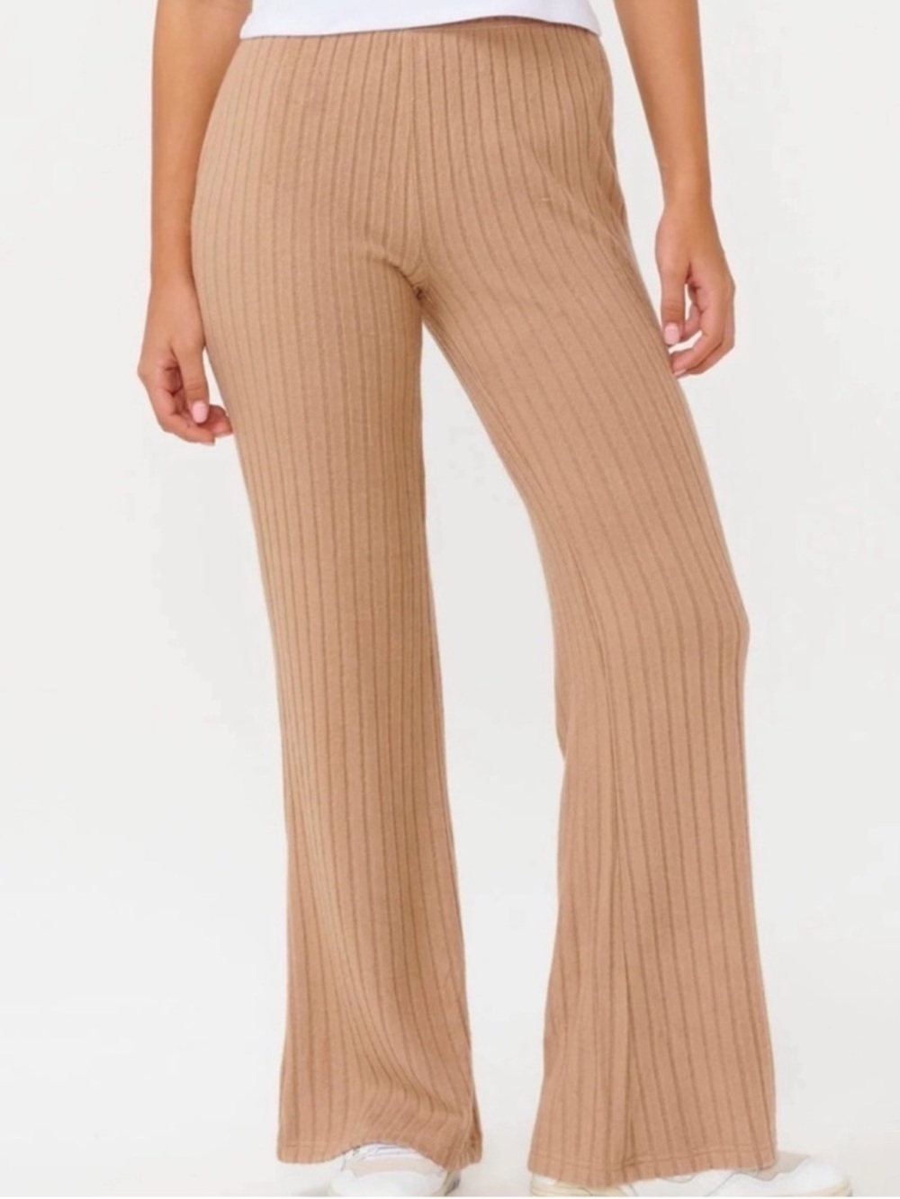 Free People Ribbed Wide-Leg Knit Pants in Camel